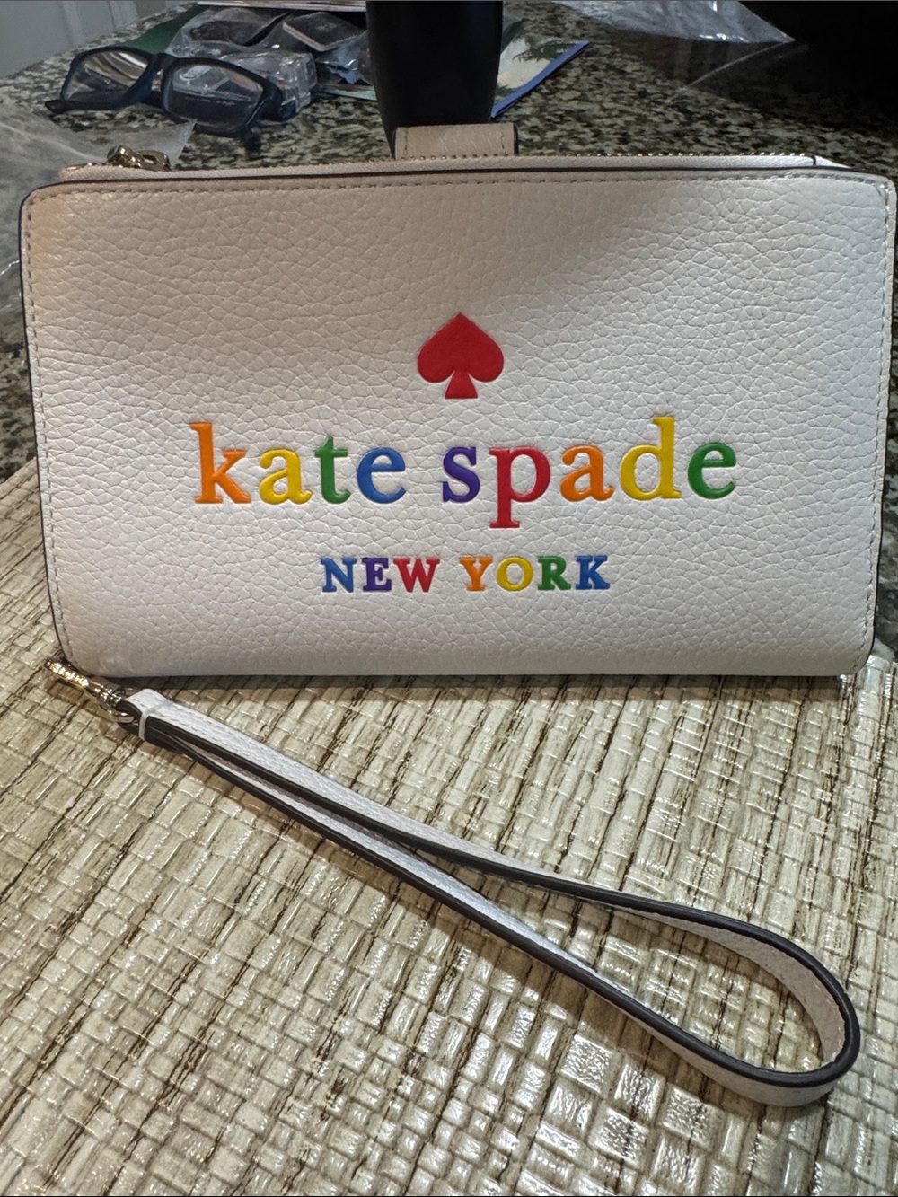 kate spade White Wristlet Wallet with Rainbow Logo